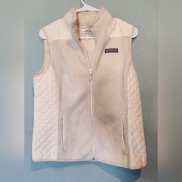 Vineyard Vines Womens Vest Ivory Quilted Sherpa Sleeveless Vest Full Zip Medium. - Picture 1 of 5